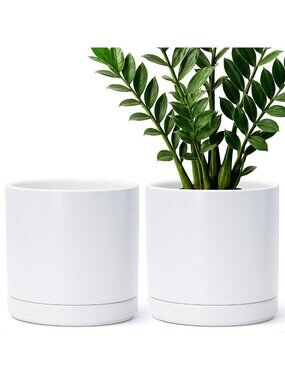 Set of 2 White Ceramic Plant Pots with Saucers - 8.2 in Indoor/Outdoor Decor